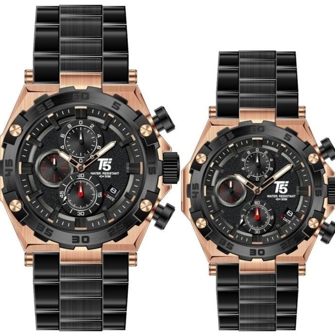 Jam Tangan Couple Original Chronograph T5 H 3847G Black Silver