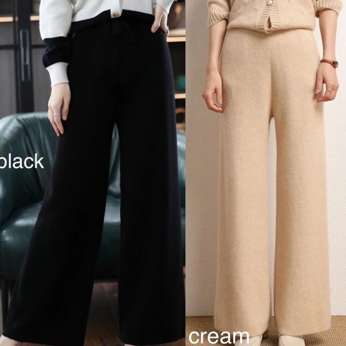 Celana kulot panjang wanita warna sage / kulot knit rajut