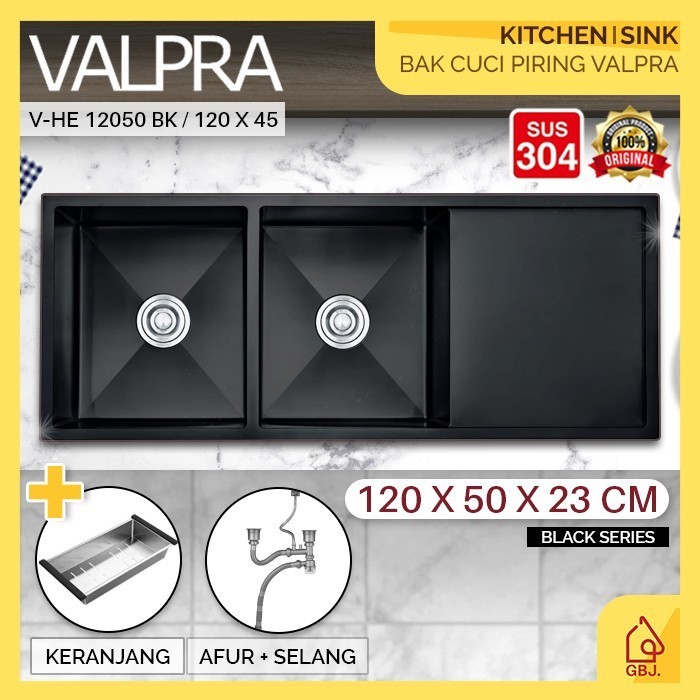 Terbaru Bak Cuci Piring 2 Lubang Valpra 120X50 Sus304 Black Kitchen Sink 12050 Promo Terlaris