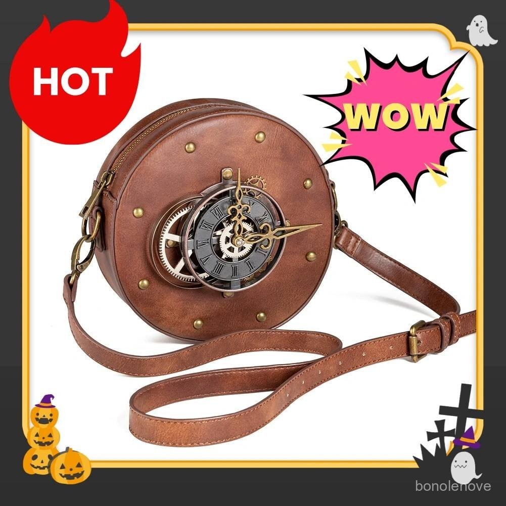 Tas Wanita Baru Amazon Tas Selempang Satu Bahu Wanita, Steampunk PUTas Motor Bulat Gaya Retro Kulit 