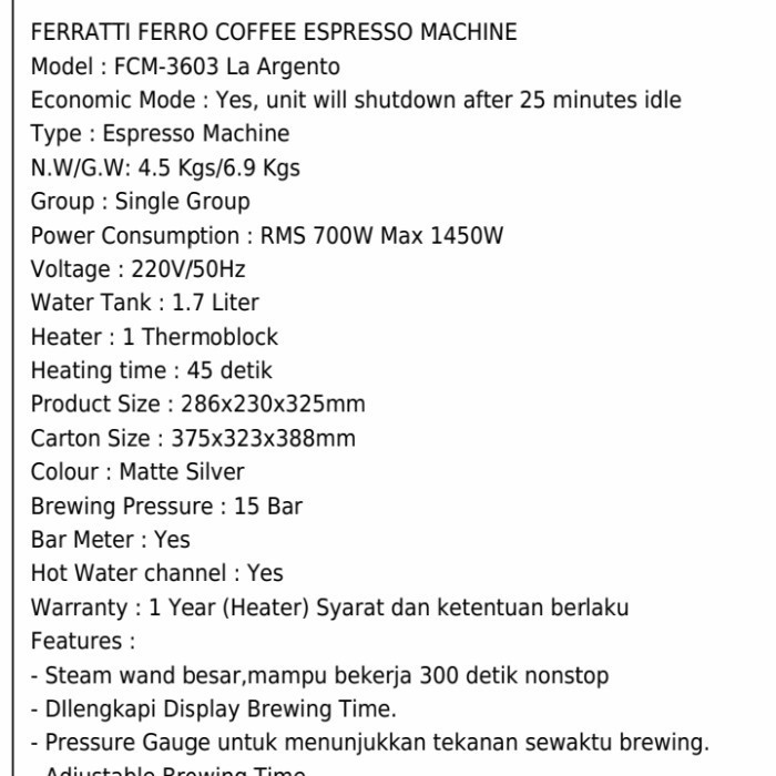Ready! coffee maker mesin kopi ferrati ferro fcm3603 espresso