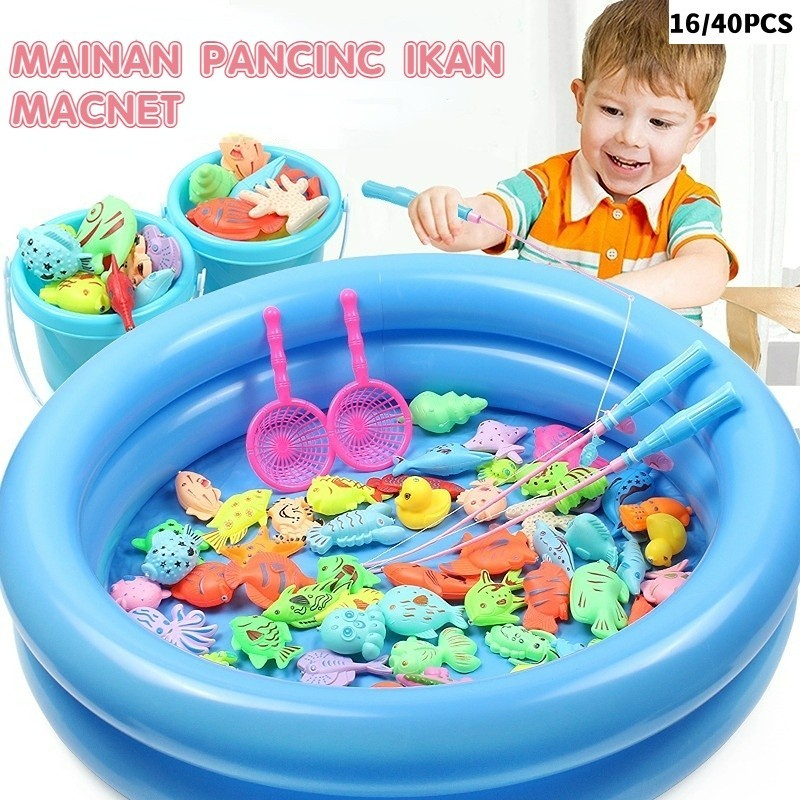 [Bahan halus dan Nyaman] Mainan Pancing Ikan 40PCS + Kolam Pancingan Magnet Anak Mainan Pancing Ikan