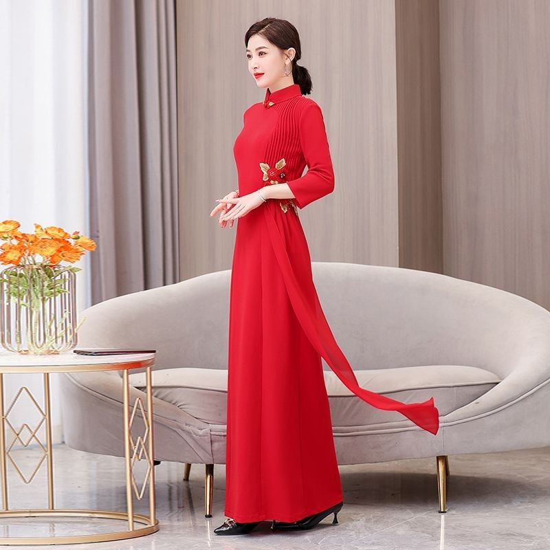 Cheongsam Panjang Gaya Tiongkok Tiruan Wanita，Dress Cheongsam Bordir Ketat Elegan Antik