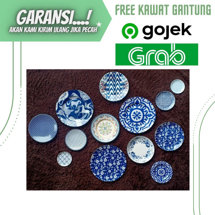 Piring Makan Keramik Hiasan Dinding Wall Decor Warna Biru Kombinasi