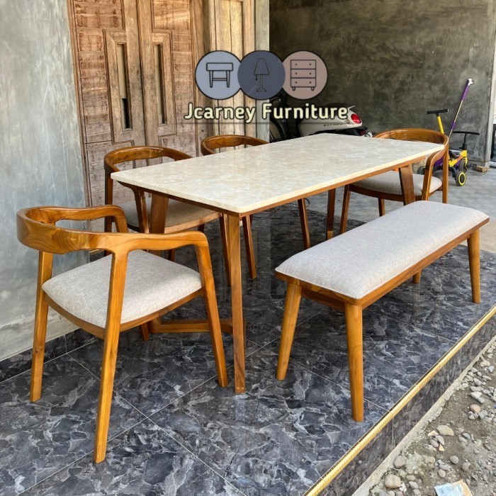 meja makan set marmer , meja makan jati marmer