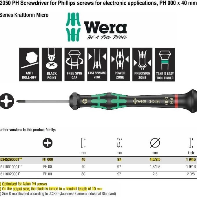 Obeng Plus Micro PH 000 x 40 mm Wera 05345290001 Phillips Screws