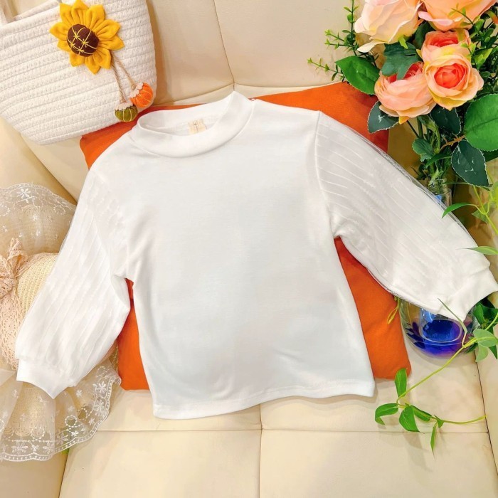 Kaos anak perempuan putih polos lengan panjang Tile