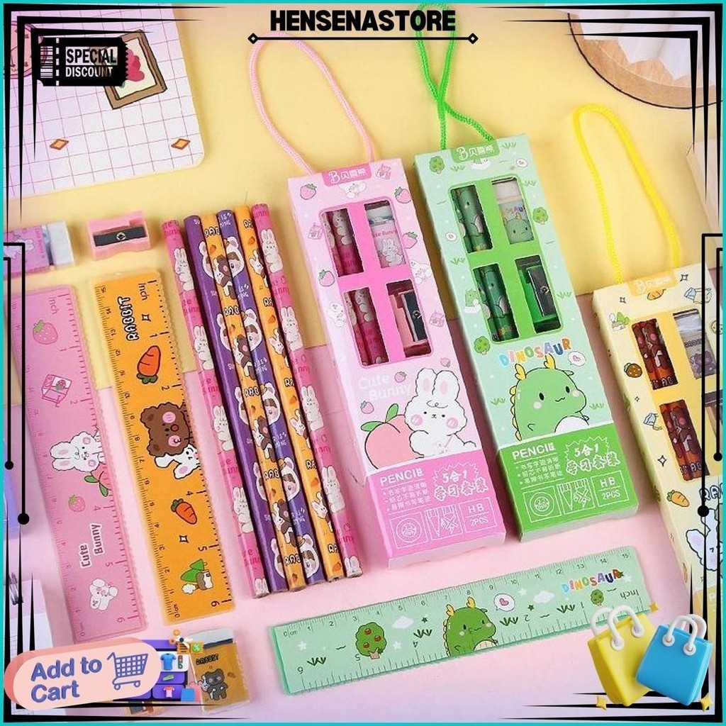 

Pensil Set 5In1 Karakter Lucu / Paket Alat Tulis Pensil Penghapus Penggaris Rautan Gambar Kartun Imut / Mini Stationery Character 5 Pcs Atk Perlengkapan Menulis Anak Sekolah Hadiah Kado Ulang Tahun Souvenir Goody Bag Paud Sd Unik Dino Bunny Bear Pencil