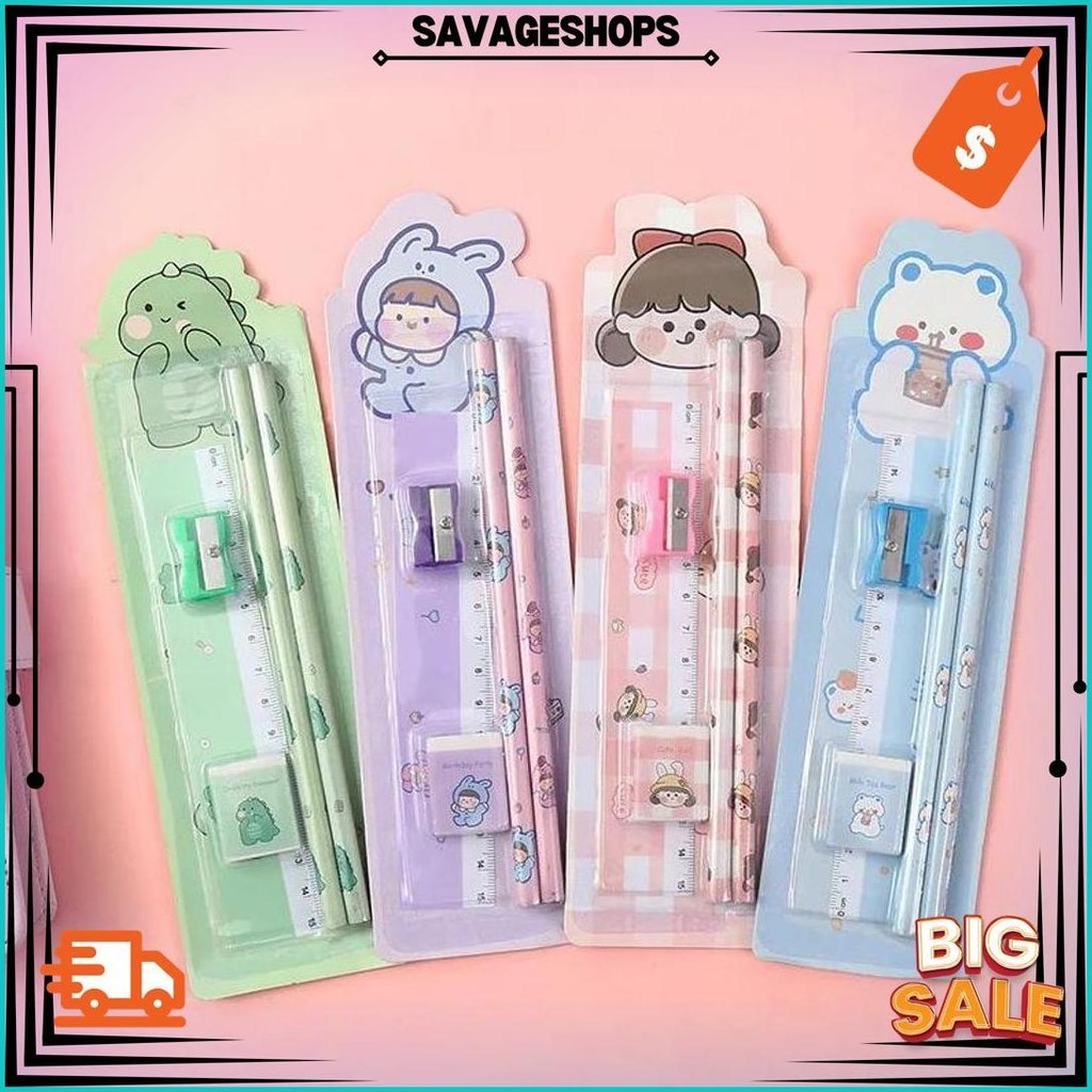 

Set Alat Tulis Pensil 5 In 1 Karakter Lucu / Alat Tulis Sekolah Penghapus Penggaris Pensil Serutan Karakter Lucu Import/ Paket Alat Tulis Mini Stationary Promo