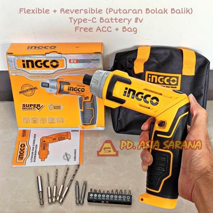 Cordless Screwdriver 8V Set Ingco Csdli0802 Flexible Bor Obeng Baterai