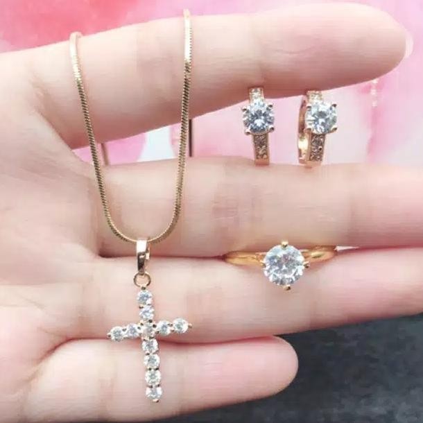 Set Zircon Lapis Emas 18k Kalung Salib