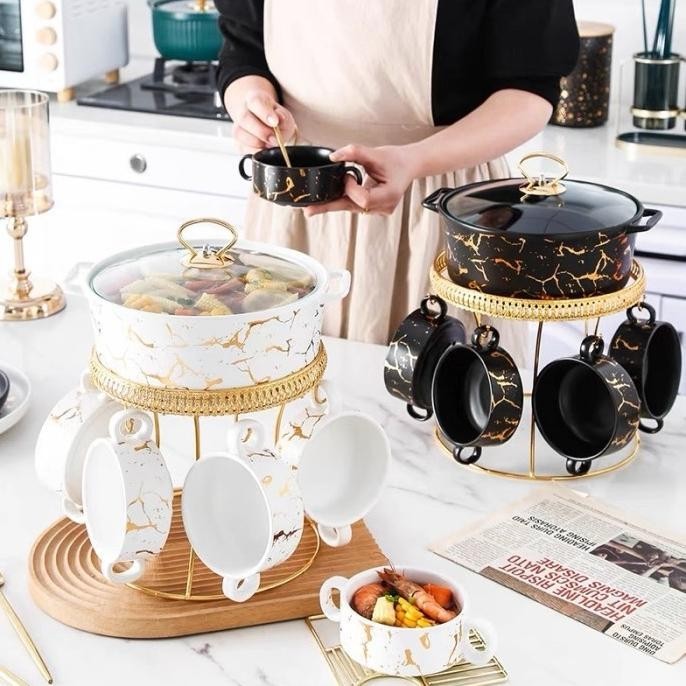 [Ready Stock] Marble Bowl Set Soup Pot / Mangkok Marble Sup Set Panci Keramik