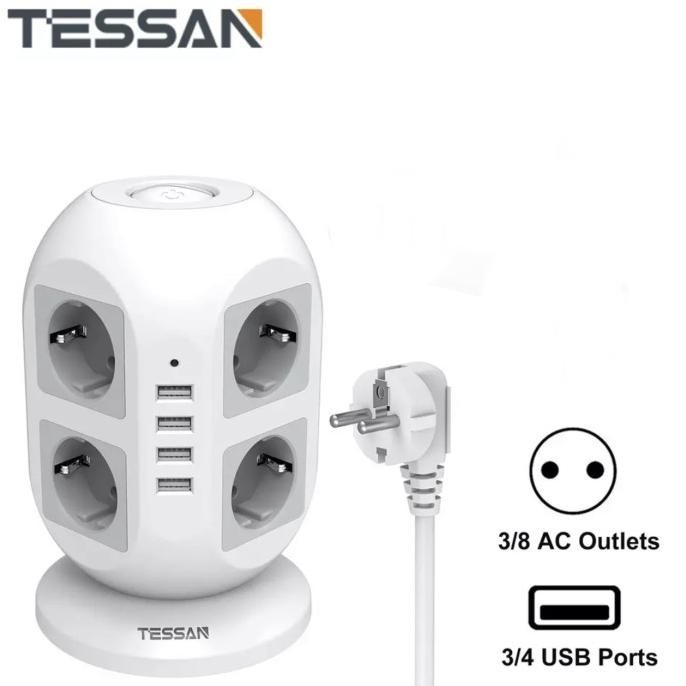 Tessan Jw402-De Stop Kontak 8 Ac Power & 4 Usb Port Power Strip Tower