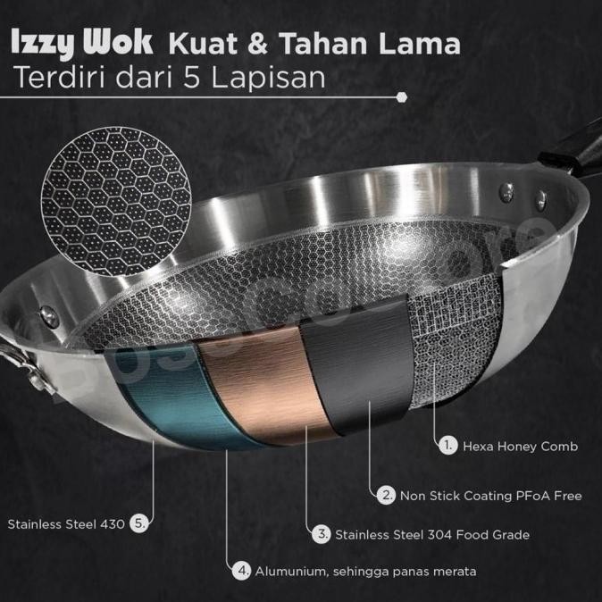 [Baru] Promo Izzy Wok Stainless Steel 304 Anti Lengket Stir Wok Pan Wajan