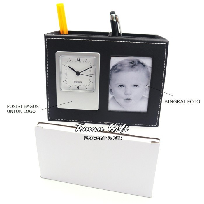 

JAM MEJA KULIT TEMPAT PENA PEN HOLDER CUSTOM LOGO BRAND SOUVENIR JK02