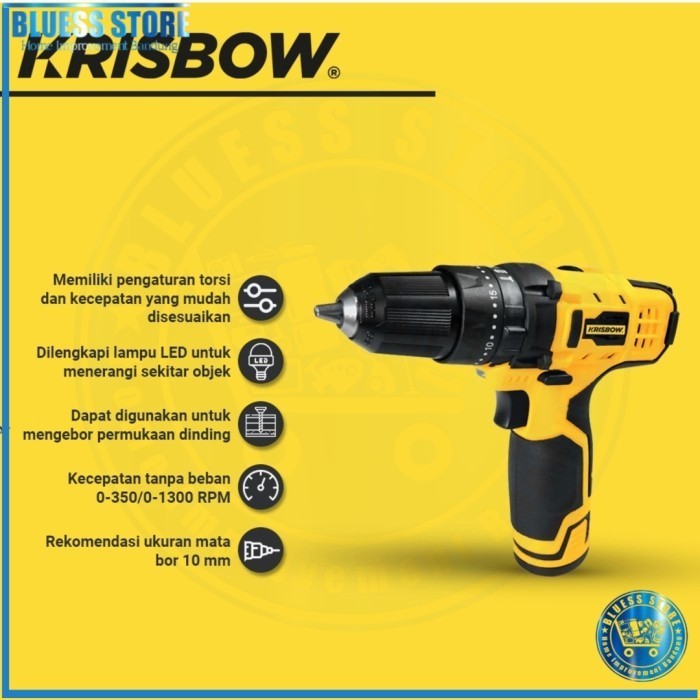 Krisbow Mesin Bor Tangan Listrik 10Mm 12V Cordless Rotary Impact Drill