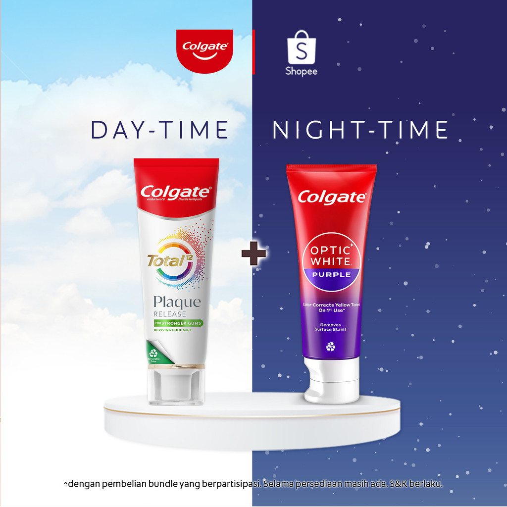 Paket Day & Night Oral Care 2 (Colgate Total Plaque Release Reviving Cool Mint 95g + Colgate Optic W