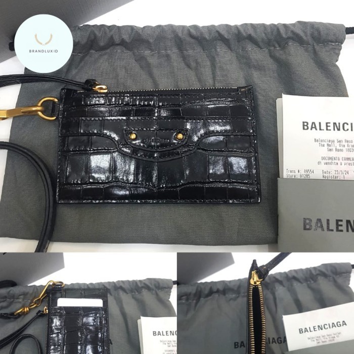 

Ane Balenciaga Neo Lanyard Zip Card N Cash Case Holder Croco Black Ghw