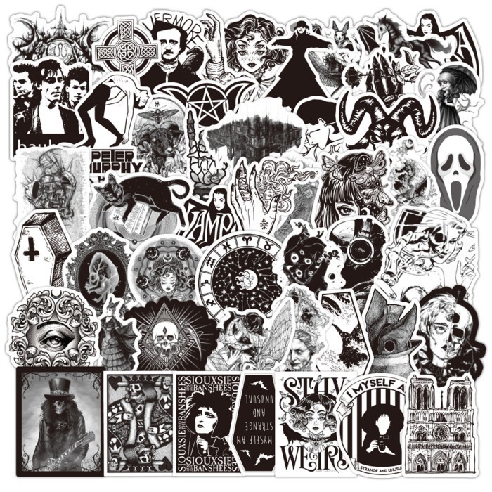 

100 Pcs Stiker Logo Horror Thriller Sticker Hitam Putih Black White
