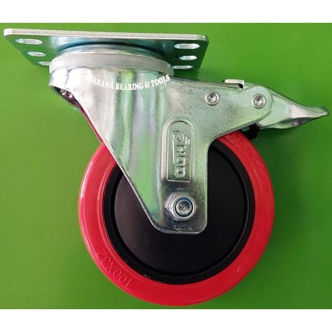 Roda Troli 4 Inch Pu Medium Duty Merk Hod Type Hidup+Rem Restock