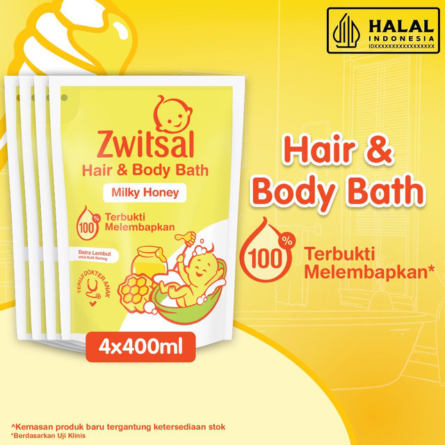 Zwitsal Baby Bath Hair And Body Milky Honey 400Ml X4