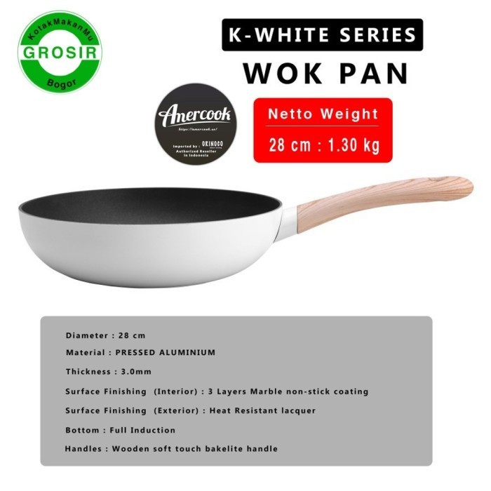 Amercook Cooking Cast Alumunium Wajan Wok Pan White Series 28Cm