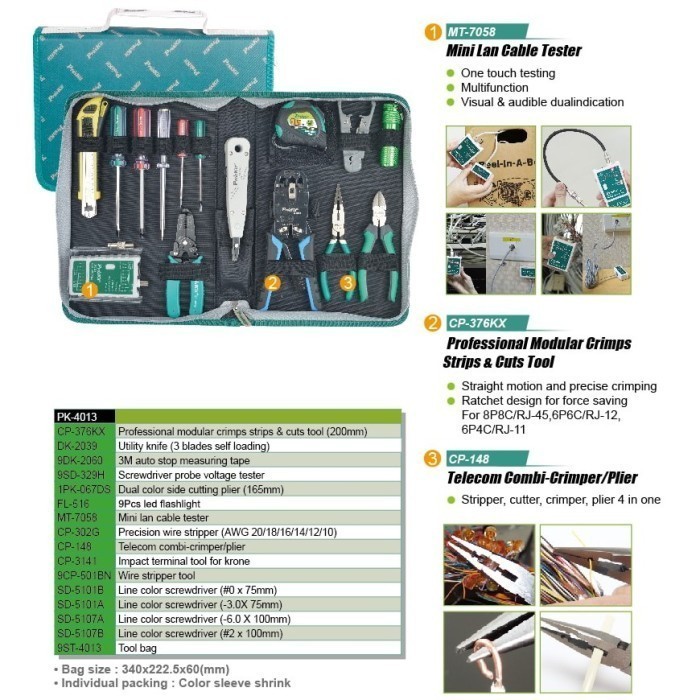 Peralatan Instalasi Jaringan Pro'Skit Pk-4013 15 In 1 Original