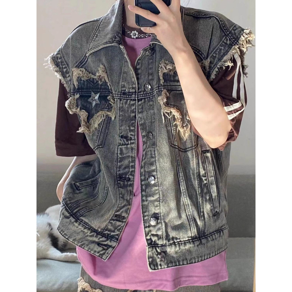 Rompi Denim Retro Pria dan Wanita Berkualitas Tinggi Rompi Longgar Tanpa Lengan Berjumbai