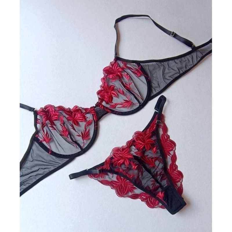 Magnolia Bra Set Setelan Pakaian Dalam Lace Renda Sexy Cewe Lingerie Thong Gstring Bunga Merah