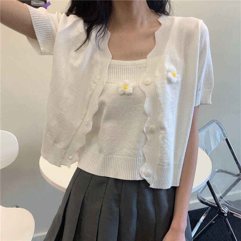 Sweter Rajutan Tipis Wanita Jaket Kardigan Lengan Pendek Gaya Korea Atasan Pendek Kamisol Bunga Temp