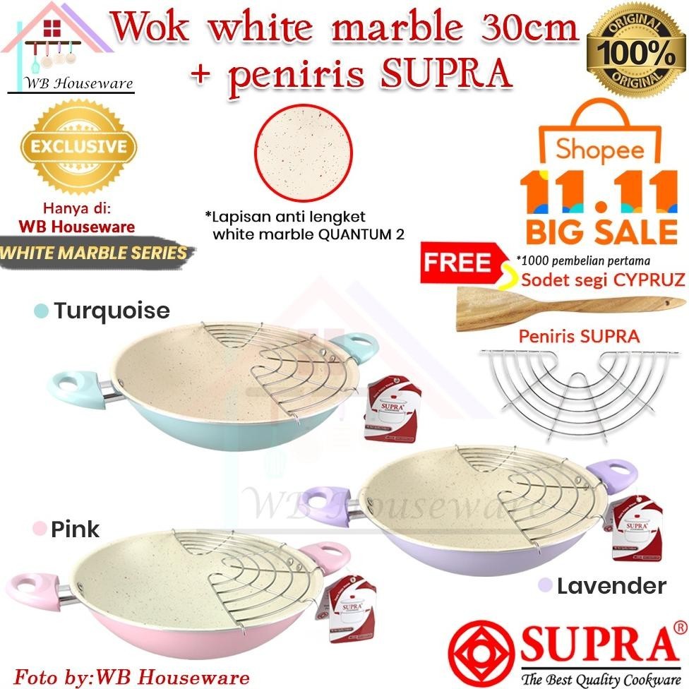 (PROMO) SUPRA wok set 30cm / wajan kuali supra 30cm alumunium white marble anti lengket pastel serie