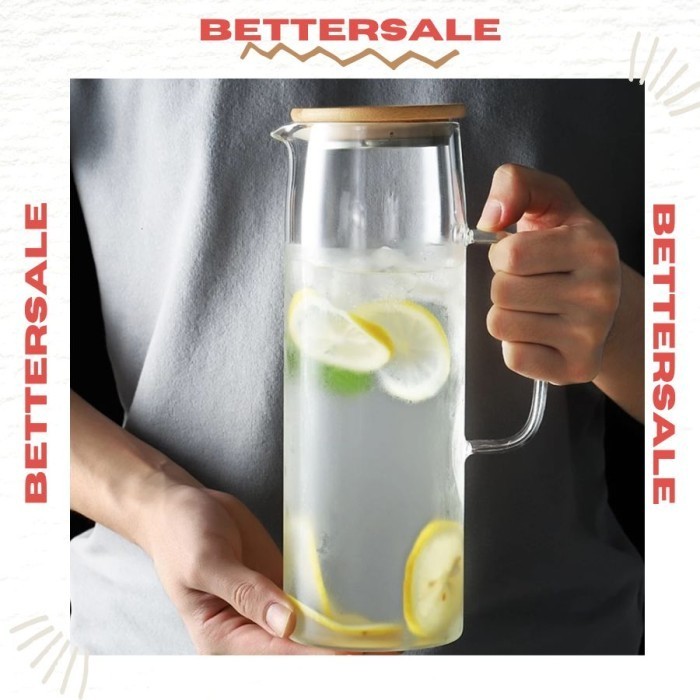 Teko Pitcher Kaca Tutup Kayu Tahan Panas Borosilicate Glass Wooden Lid