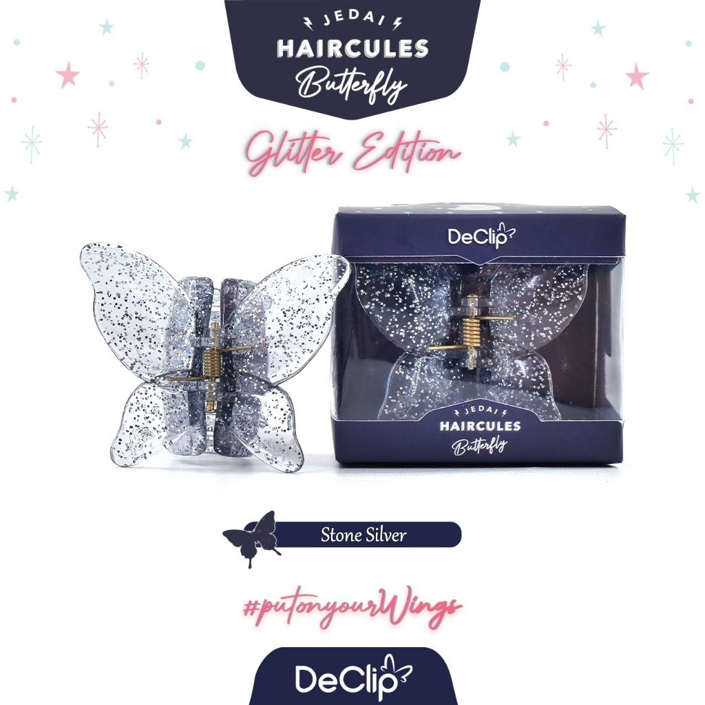DeClip Jedai Butterfly Haircules Jepit Kupu Gigi 4 Ukuran 4,5cm Warna Stone Silver Glitter