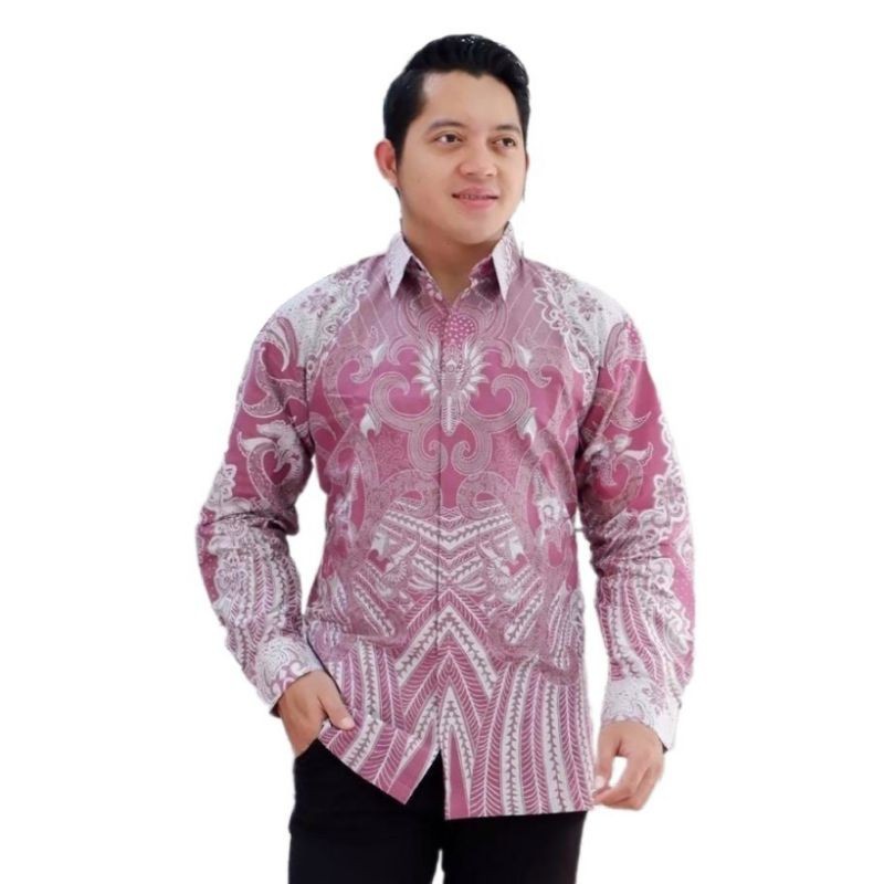 P1H [BATIK PINK] KEMEJA BATIK WARNA PINK HEM ATASAN KEMEJA BAJU BATIK PRIA COWOK LAKI LAKI SLIMFIT