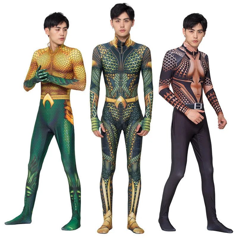 Aquaman and the Lost Kingdom Cosplay Costume Polyester Arthur Curry Zentai Party Jumpsuit Tail Hallo