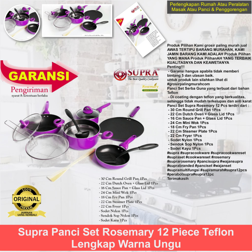 SUPRA Panci Set Rosemary 12 Piece Teflon Lengkap Warna Ungu