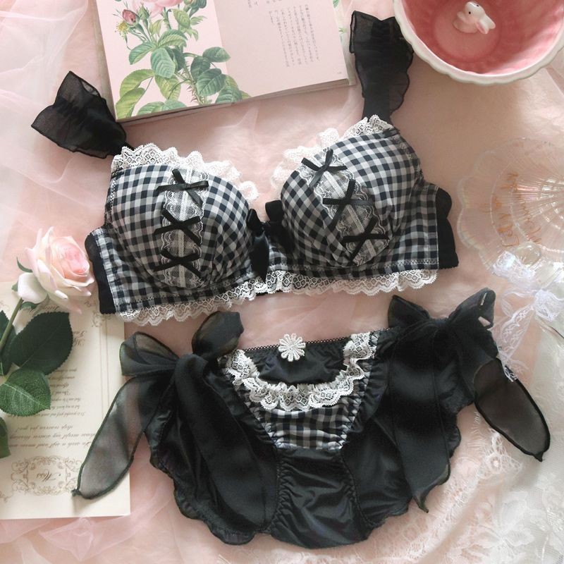 Lolita Sexy Cute Black Plaid plus Size with Steel Ring Bra Set