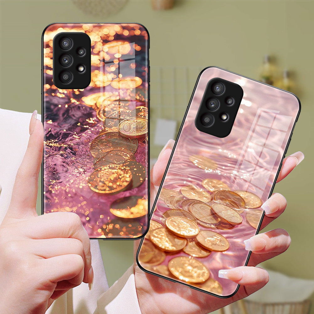 Koin emas Kaca glass Case cesing kesing untuk Samsung A73 A72 A71 A70 A55 A54 A53 A52 S A51 A50 A35 