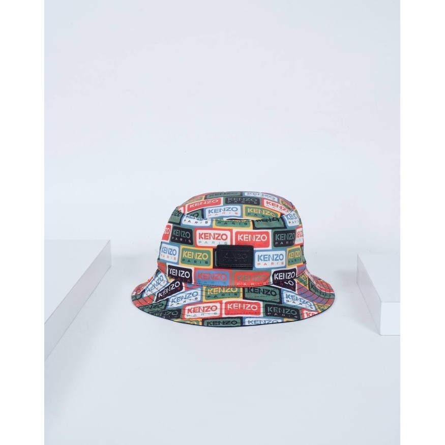 Topi Bucket Pria Kenzo Bucket Hat Labels Reversible All Over Logo Multicolor Unisex Size M Original