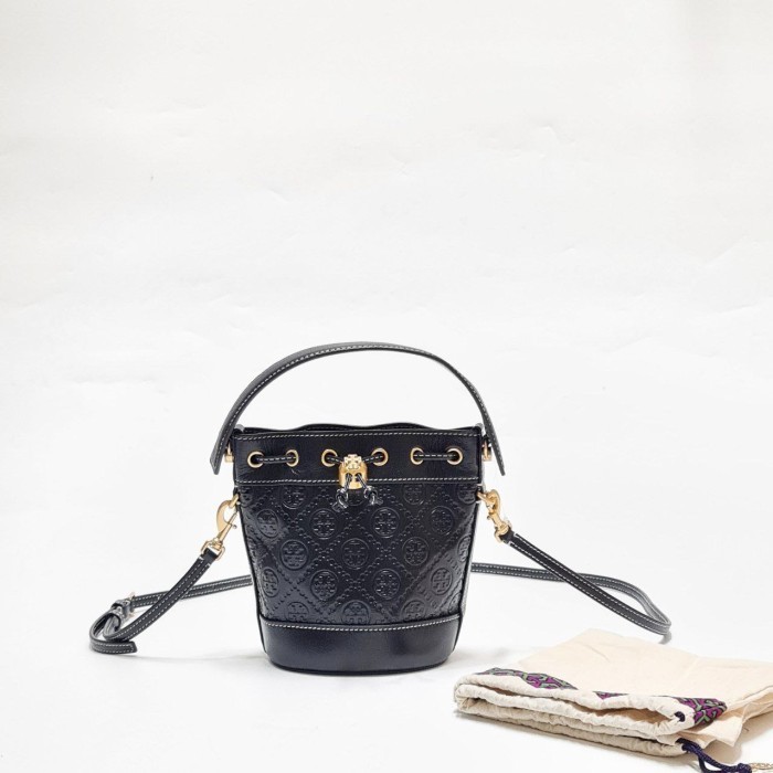 TAS WANITA TORY BURCH TB T MONOGRAM LEATHER MINI BUCKET MIDNIGHT ORIGINAL