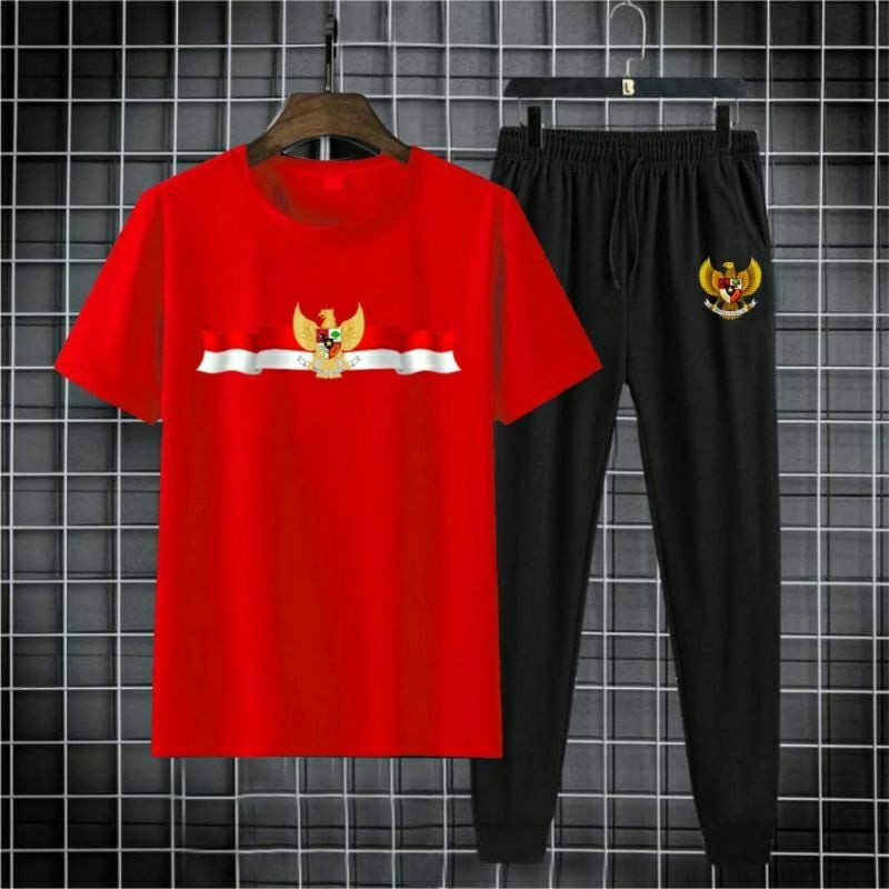 Setelan Pria Wanita Garuda 17 Agustus II Set Kaos Celana Jogger Agustusan II Baju Kaos Dewasa Garuda