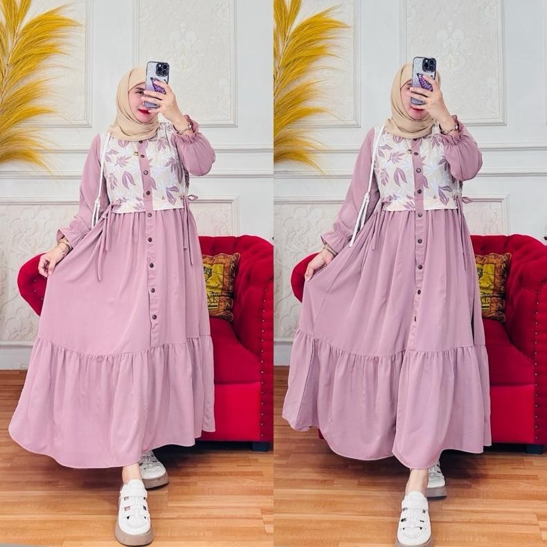 Gamis Wanita Remaja Kekinian Zahra Dress Midi Semi Panjang 130Cm Krinkel