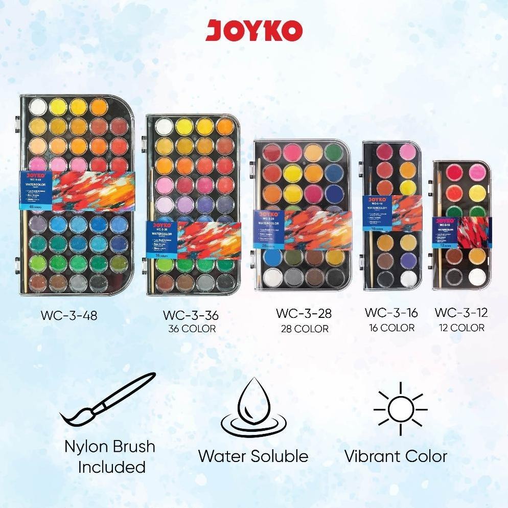 

8.8 Joyko Watercolour Set Art 12 16 28 36 48 Colours / Alat Cat Air Joyko Melukis Mewarnai Block Kering Warna Wc-3 Garansi