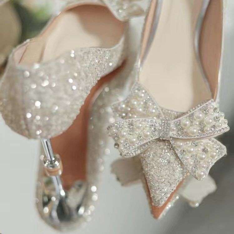 Silver Wedding Shoes Bridal Shoes White Main Wedding Dress Shoes Fairy Style Women's Stiletto Heel