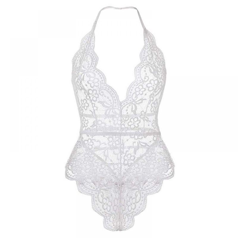 L1220 Lingerie Sexy Baju Tidur Teddy Bodysuit Dress Halterneck Putih Transparan