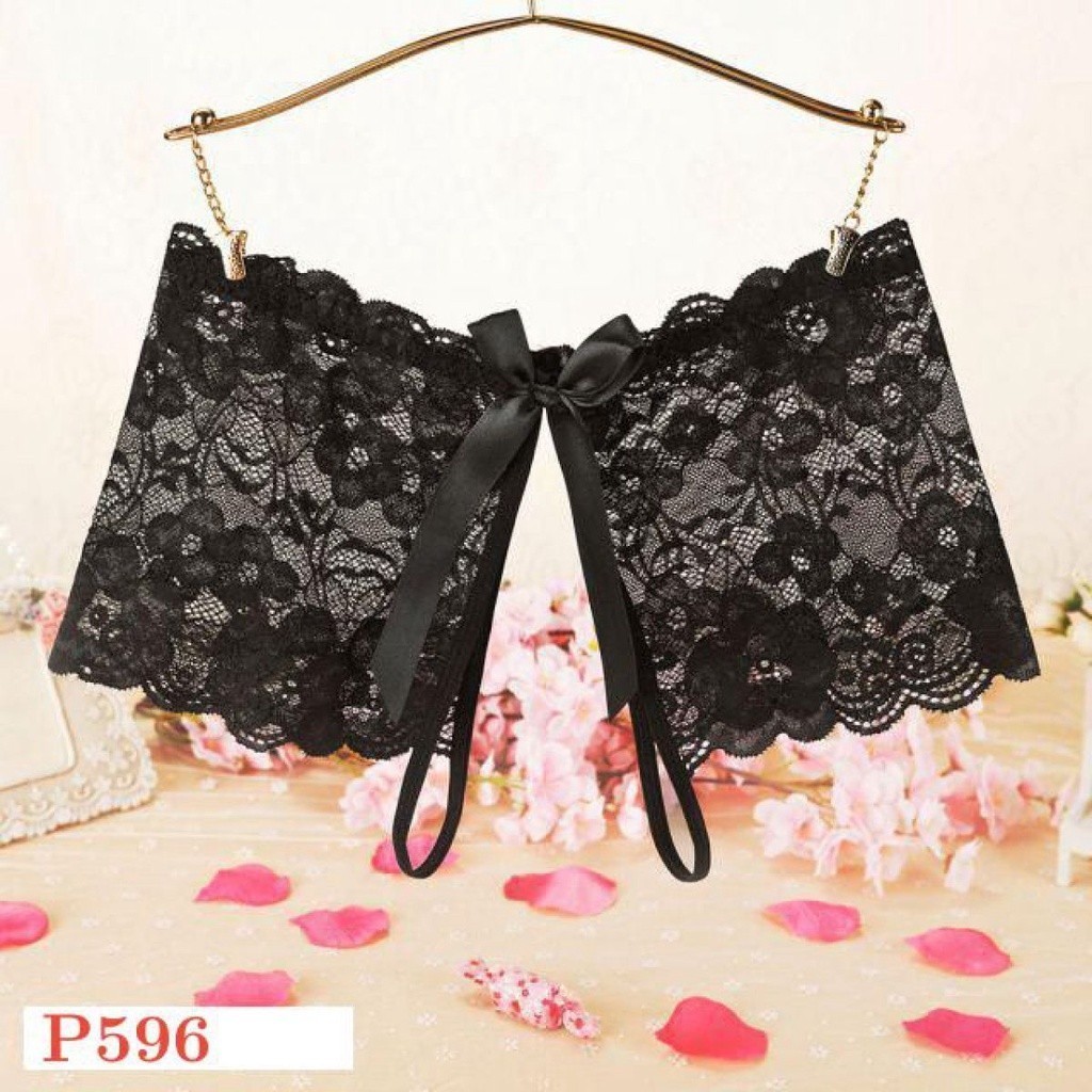 P596 Celana Dalam Wanita Sexy Panties Boyshort Hitam Transparan Open Crotch