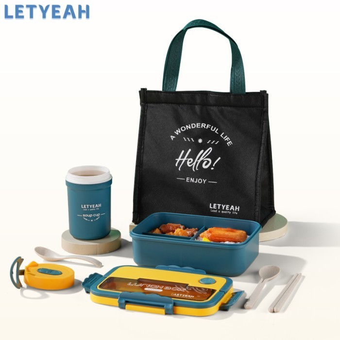letyeah 1L Lunch box set kotak makan dengan mangkuk sup+tas bekal