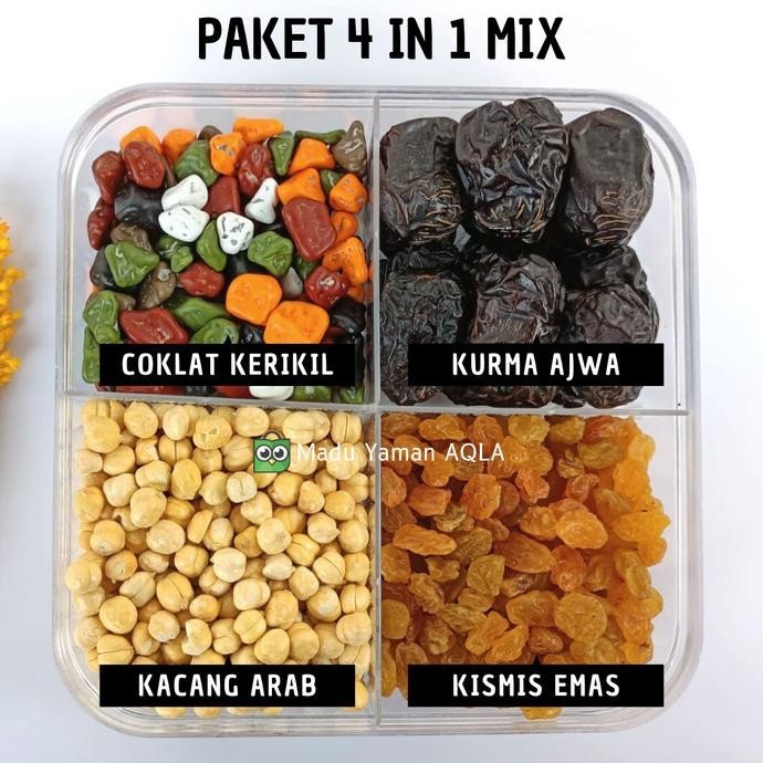 

PAKET 4 IN 1 MIX -KURMA AJWA, COKLAT KERIKIL, KACANG ARAB, KISMIS EMAS TMS