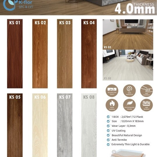 Lantai SPC klik KFLOR 4mm import, setara Marvel, Almaflor, Daeji ,Taco