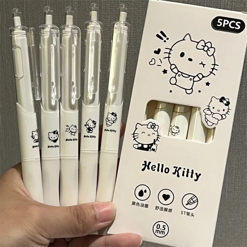 

[Miloli] 5Pcs Pena Sanrio Cover White Mekanik Pen Gel Rectrable Pen Black 0.5Mm Pulpen Minimalist -